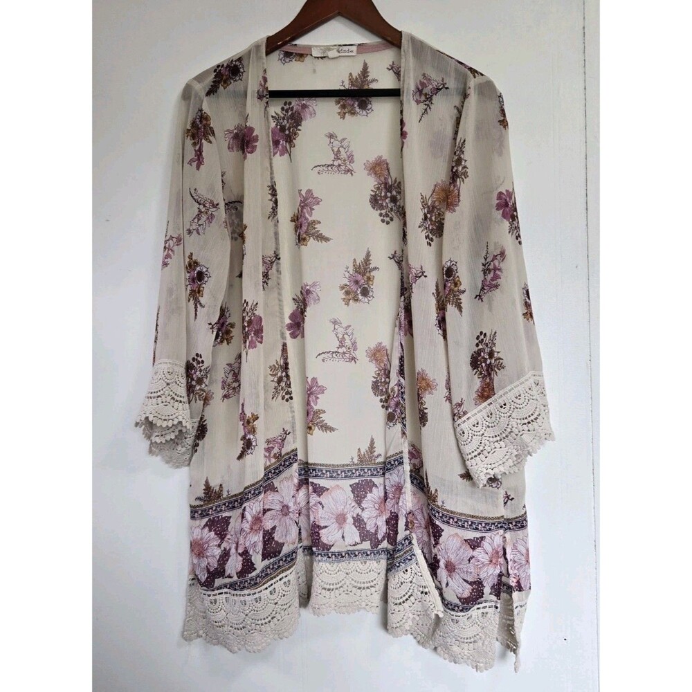 Rewind Kimono Womens L Cardigan Y2K Lace Open Front Whimsygoth Floral Festival